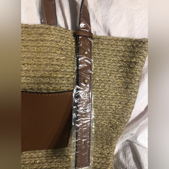 NWT  Handmade Jute adjustable strap front pocket shopper tote bag - Picture 3 of 6